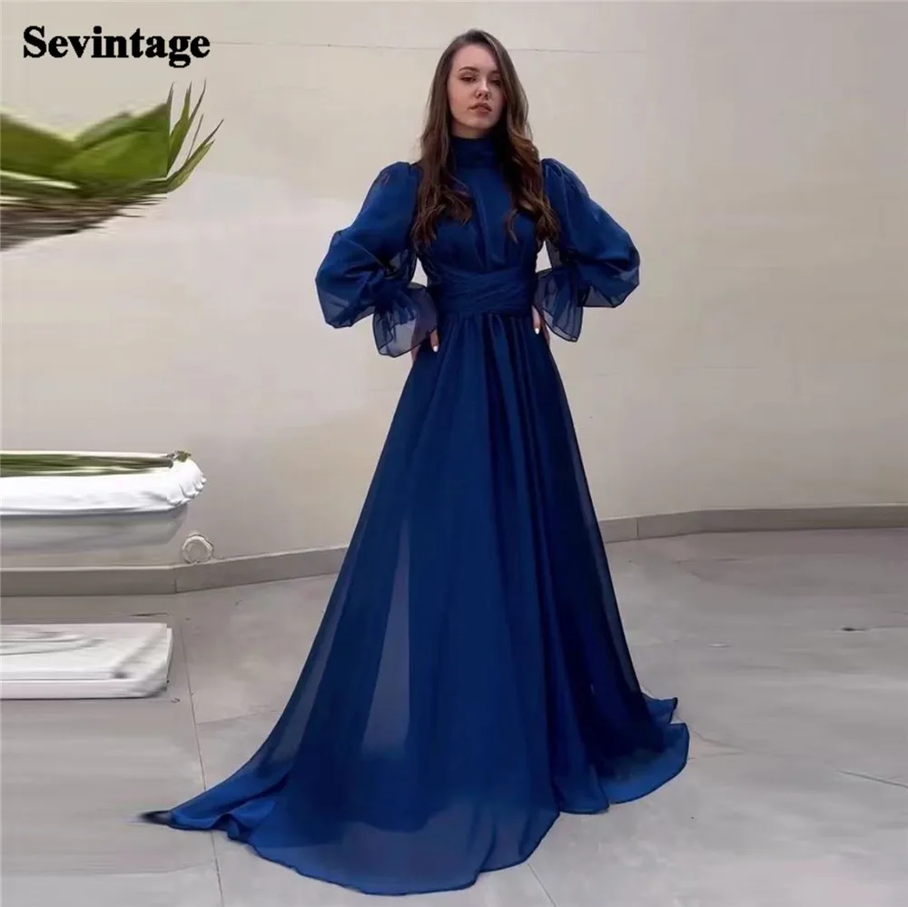 Customized Simple Navy Blue Chiffon Evening Dresses High Neck Long Puff Sleeves A-Line Ruched Women Prom Dresses for women 2023