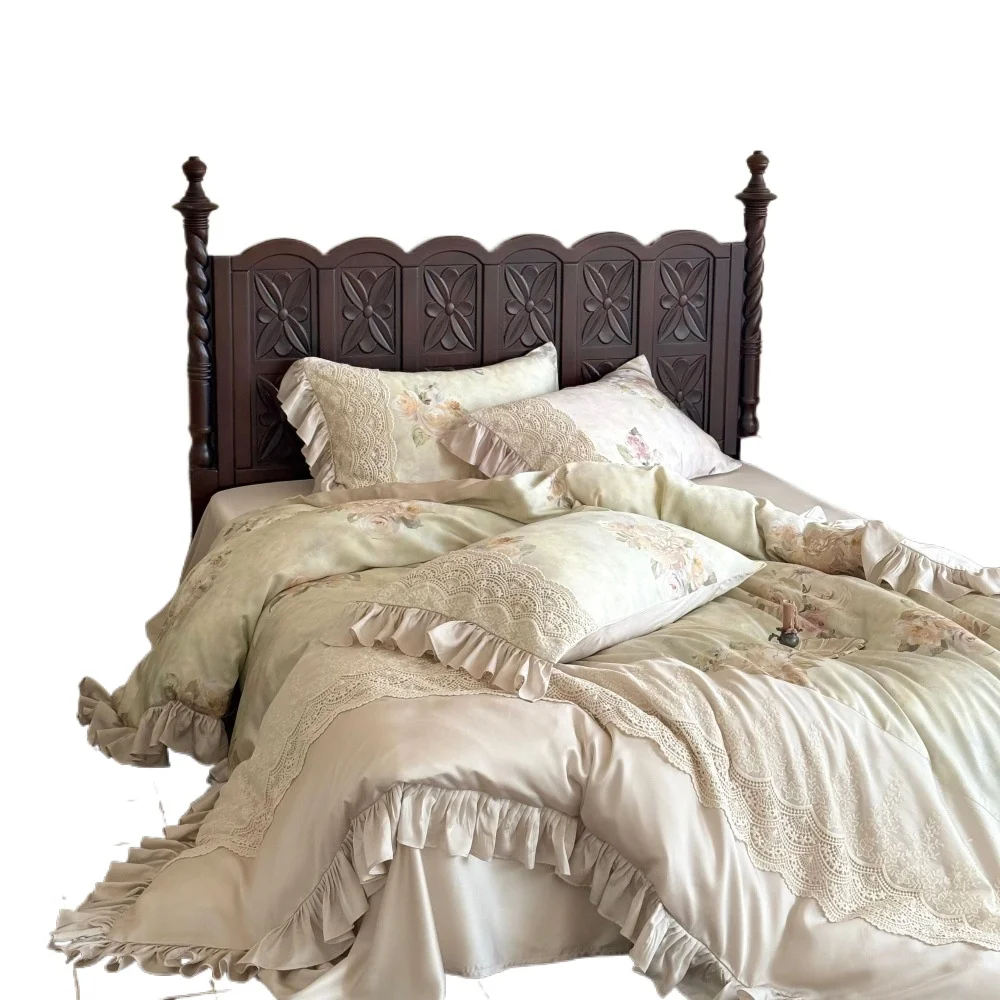 French vintage style 120s long-staple cotton brushed four-piece set lace lace duvet cover for autumn and winter housewarming