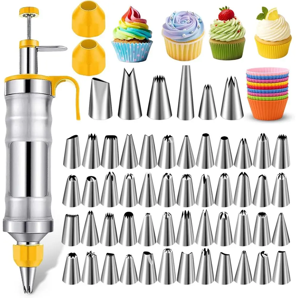 

Dessert ting Syringe Set, Frosting Piping Kit Stainless Steels Cake ting Kit with 54 Piping Tips & 9 silicone cupcakes, Cupcake