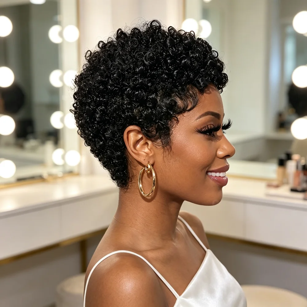 Full Machine Made Pixie Cut Short Woolly Curly Human Hair Wig, Tight Springy Wool Curls Human Hair Wig, Soft Natural Looking