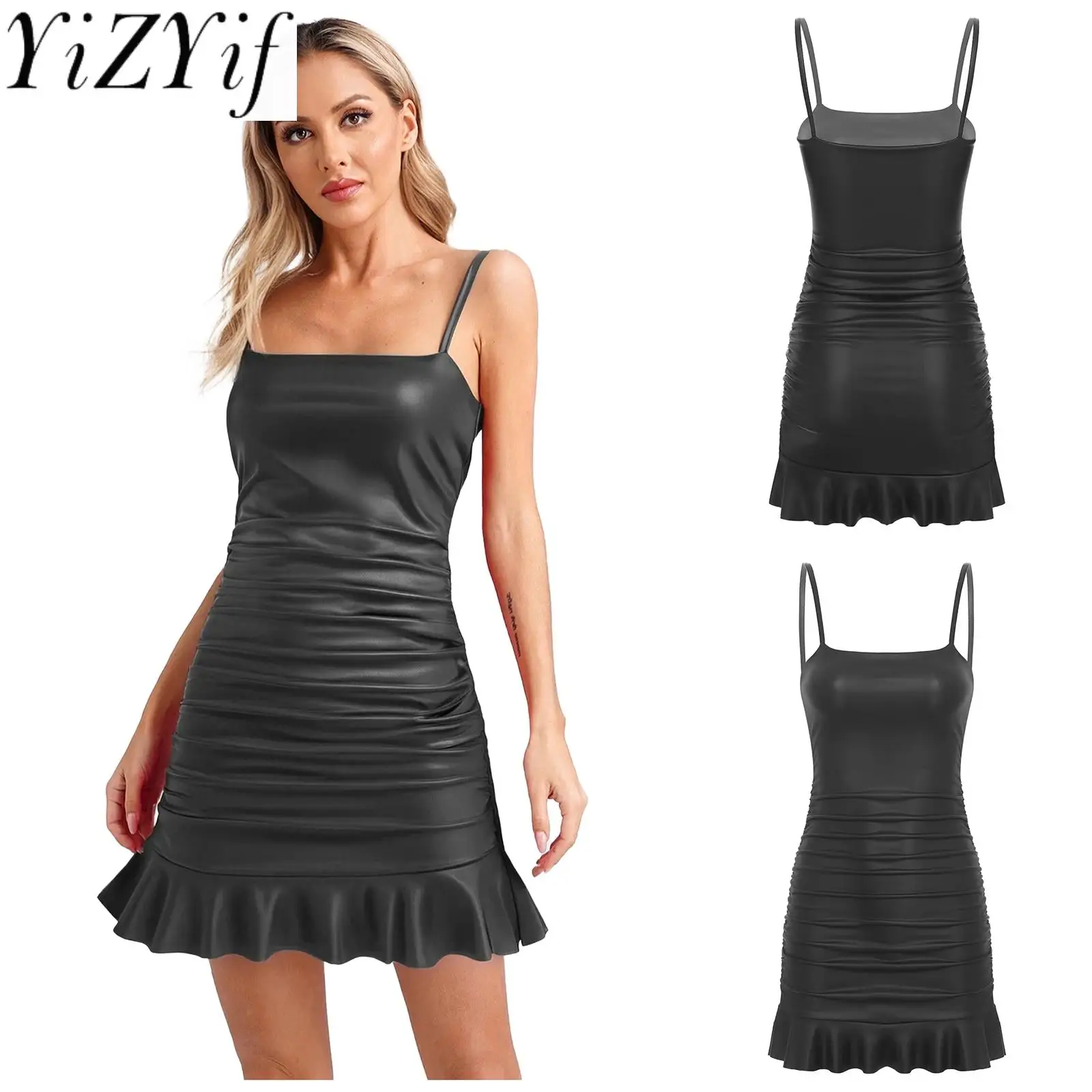 Women Camis PU Leather Dress Side Ruched Ruffled Hem Slim Fit Mini Pencil Dress Dating Party Club Summer Travel High Look Dress