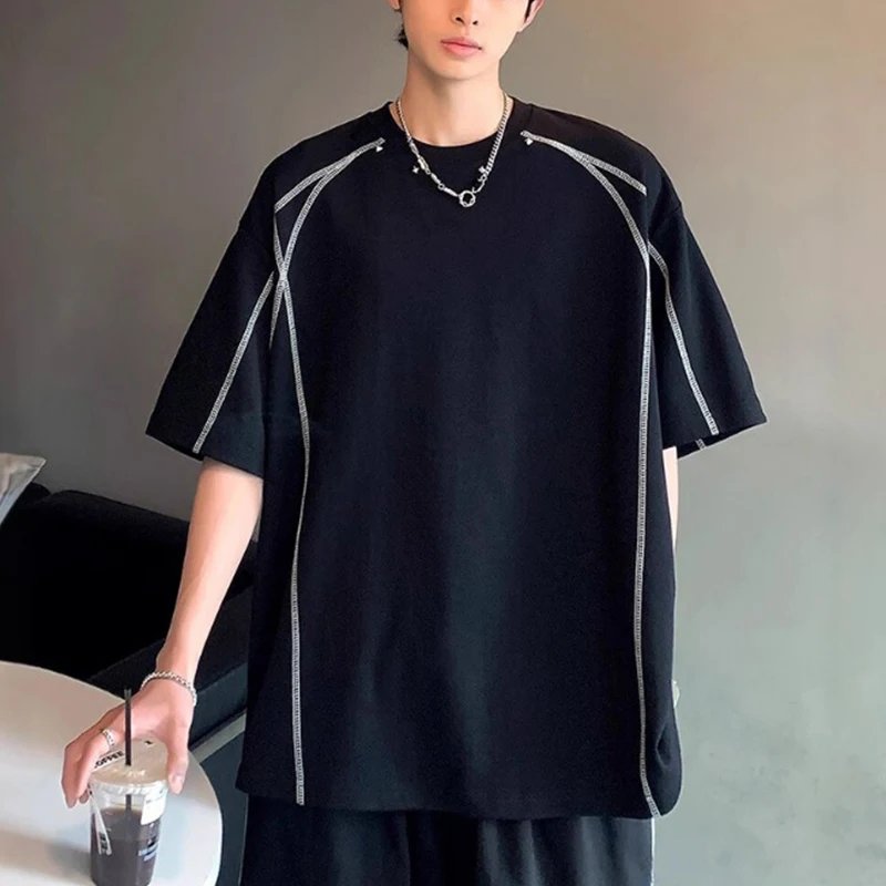 Mens Round Neck Contrast Stitch Line Loose Oversize Short Sleeve T Shirt