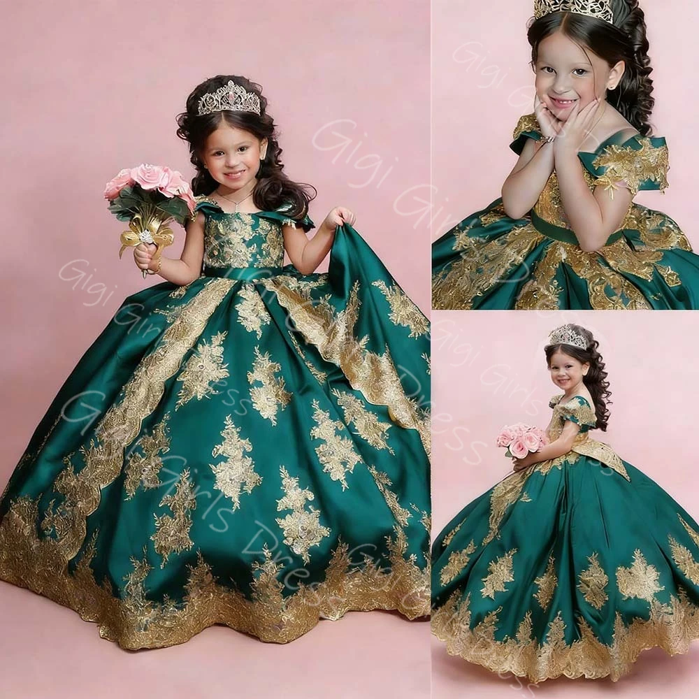 

Индивидуальное платье для девочки на свадьбу, для малышей, с открытыми плечами, бальное, многоярусное, из атласа, для дня рождения, нарядное, с золотыми аппликациями