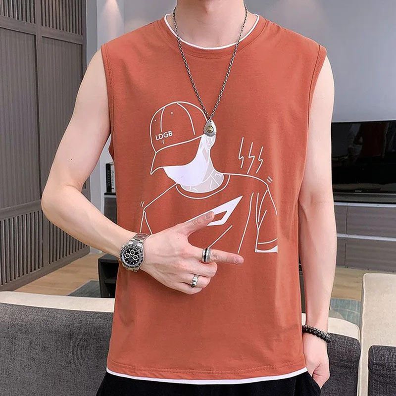 Fashion O-Neck Printed Casual Tank Top T-Shirts Men's Clothing Summer New Loose All-match Tops Korean Sleeveless Tee Shirt