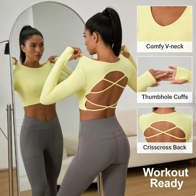 

Женская футболка для йоги с длинным рукавом, встроенным бюстгальтером, перекрестной спинкой, быстросохнущая, дышащая, для бега и фитнеса