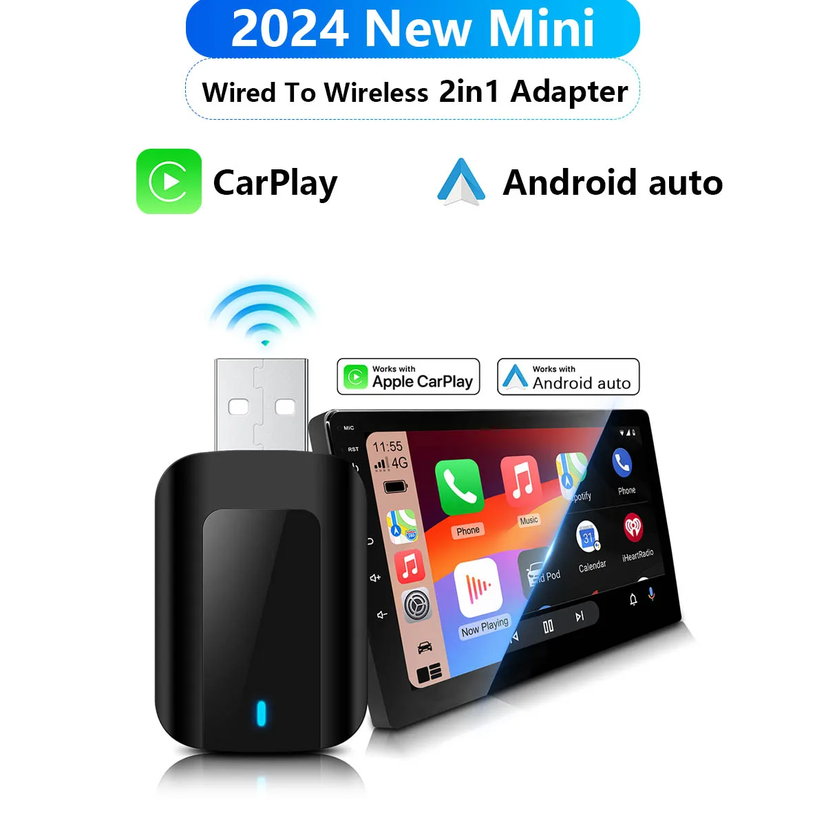 

2024 New 2in1 Wired to Wireless CarPlay Android Auto Adapter for OEM Car Stereo With USB Plug and Play Car Ai Box