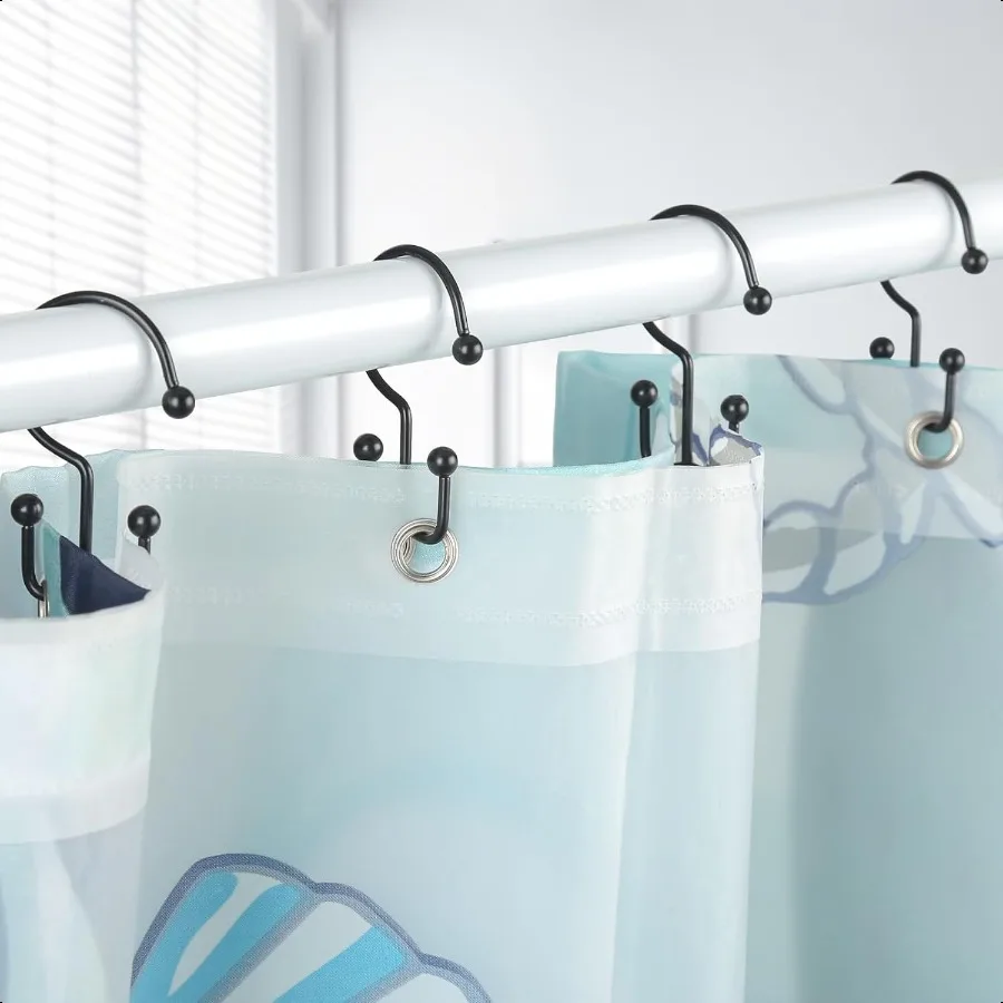 خطافات ستائر الدش 12 قطعة حلقات ستائر الدش متينة مقاومة للصدأ خطاف ستائر الدش الأسود حلقات الدش للستارة المزدوجة