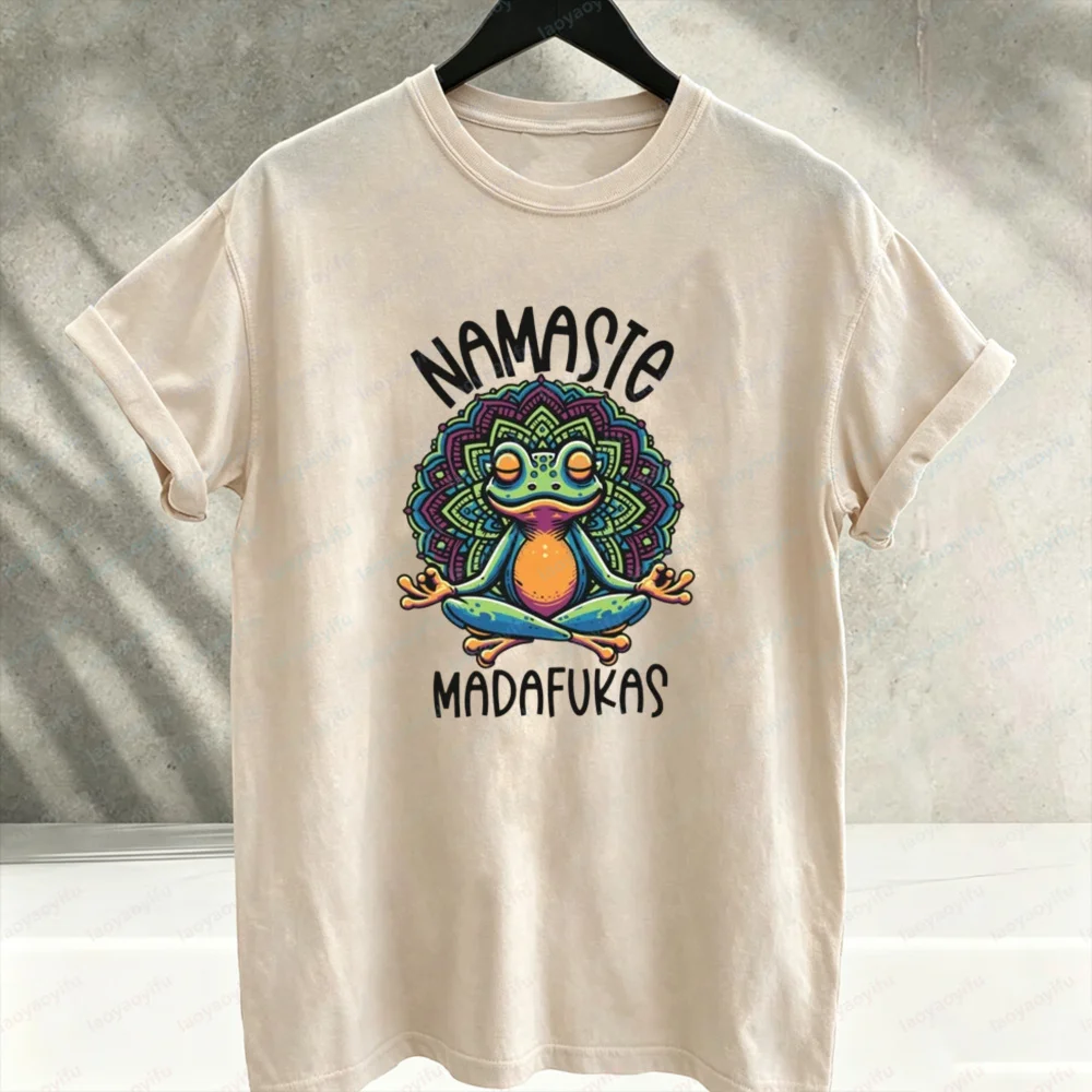 Namaste Meditating Yoga Frog Mandala Graphic T‑Shirt Colorful Psychedelic Zen Frog Meditation Print Cotton Casual Streetwear Tee