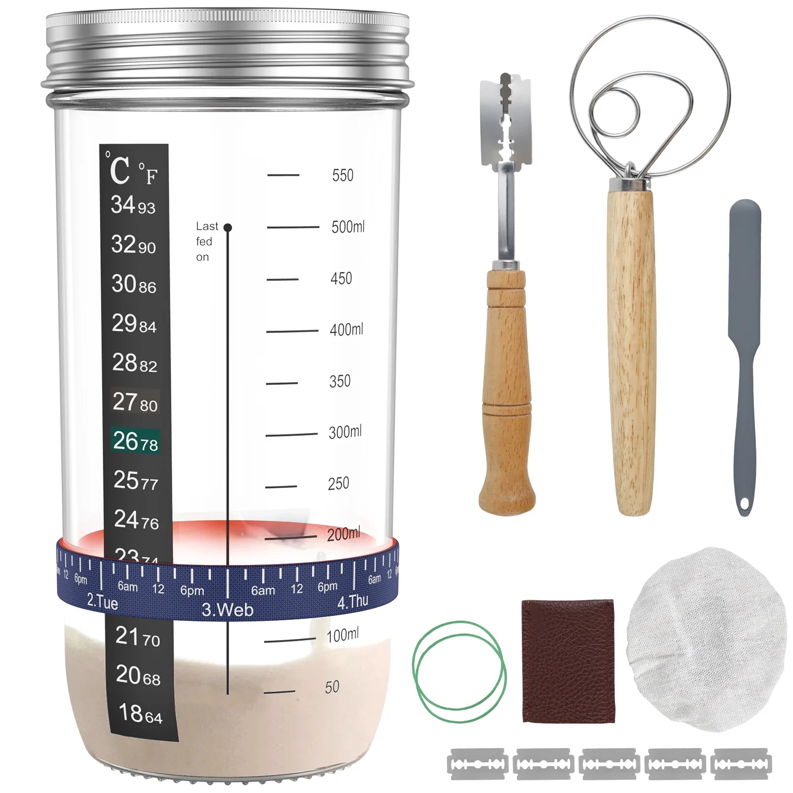 9Pcs Sourdough Starter Jar Kit with Scale Thermometer 730ml Heat Resistant Sourdough Starter Container with Metal Lid Reusable