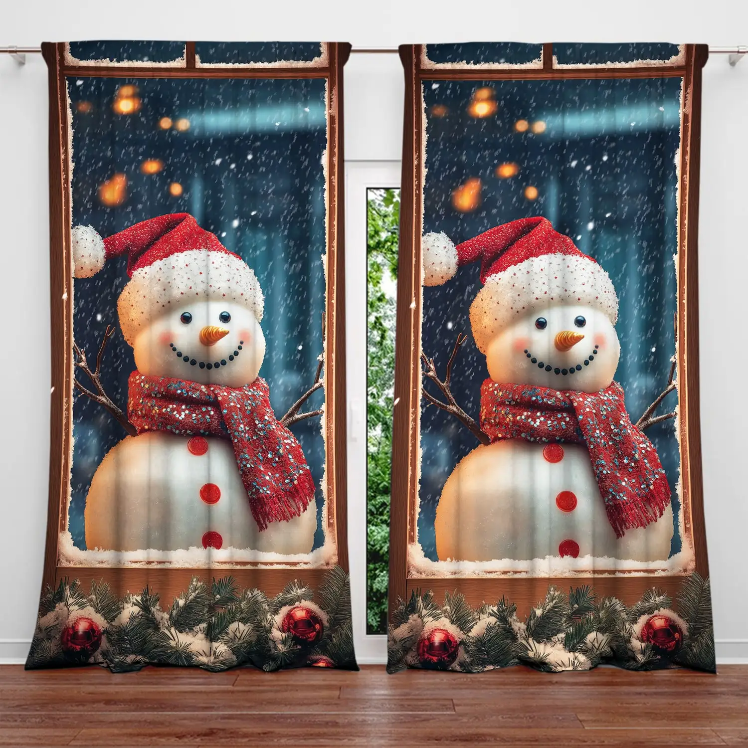 

2pcs Christmas Snowman Outside The Window Printed Curtain for Home Decor - Rod Pocket Window Treatment for Bedroom, Office