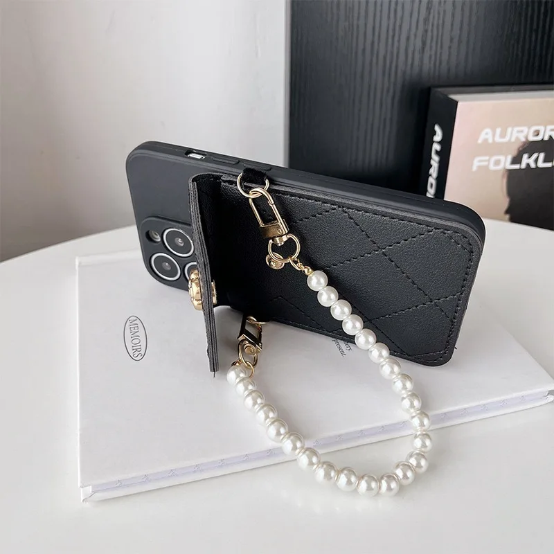 Pearl Strap Case For iPhone 17 16 14 13 12 11 15 Pro Max Plus X Wallet Card Slot Flower Crossbody Cord Lanyard Bumper Bag Cover