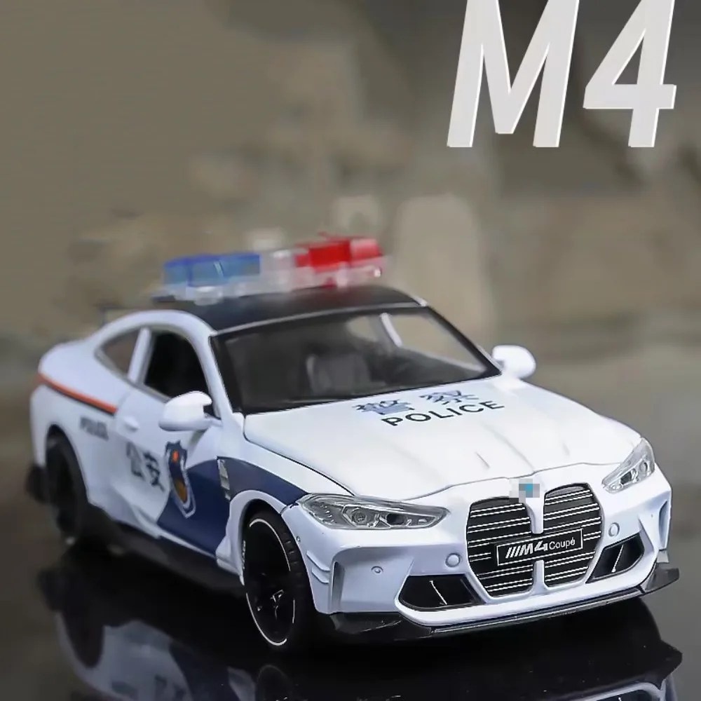 

1/32 M4 Police Car Toys Model Diecast Alloy Cars Sound Light Pull Back 4 Door Can Be Opened Rubber Tire Metal Body Vehicle Gifts