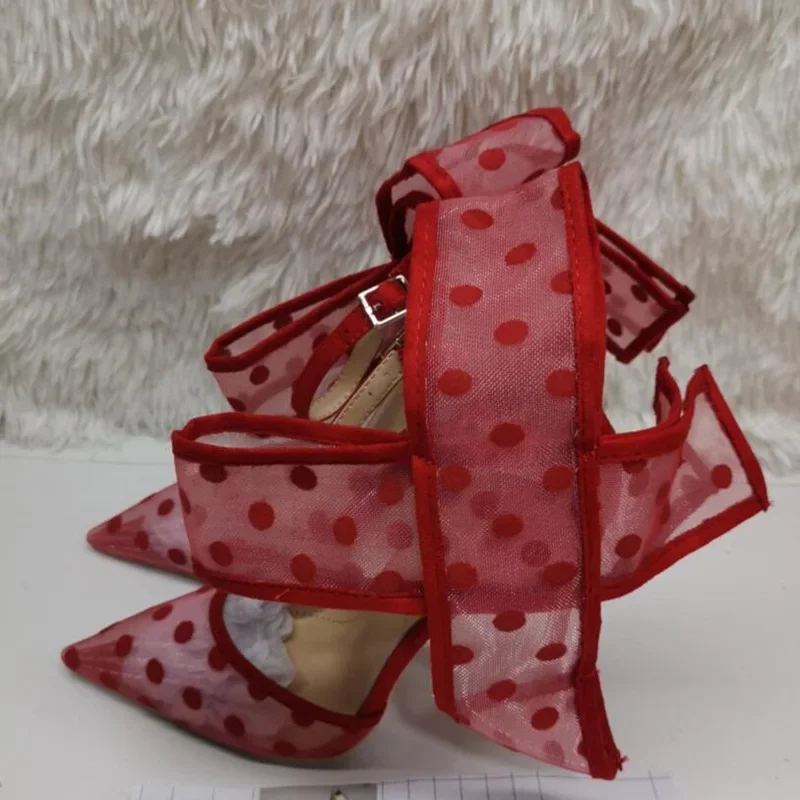 أنثى البولكا نقطة فراشة عقدة عالية الكعب مضخات واضح شبكة أشار تو كبير الكاحل حزام جوفاء رقيقة الكعوب النساء مأدبة الأحذية #5