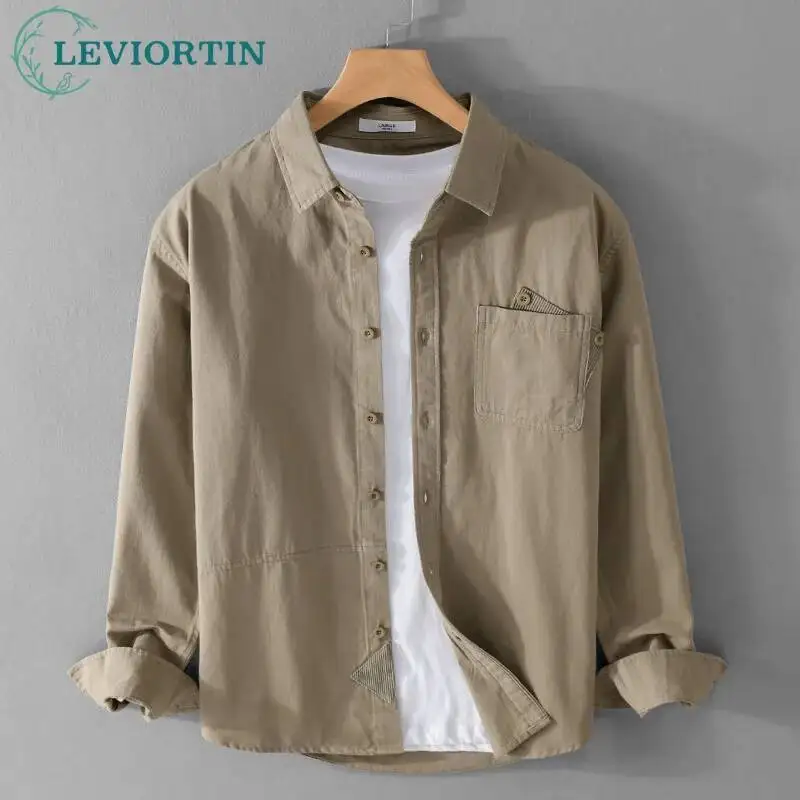 Spring And Autumn Men's Workwear Casual Long Sleeve Shirts Loose Fashion Versatile Youth Fresh Cotton Sold Color Shirt Coat