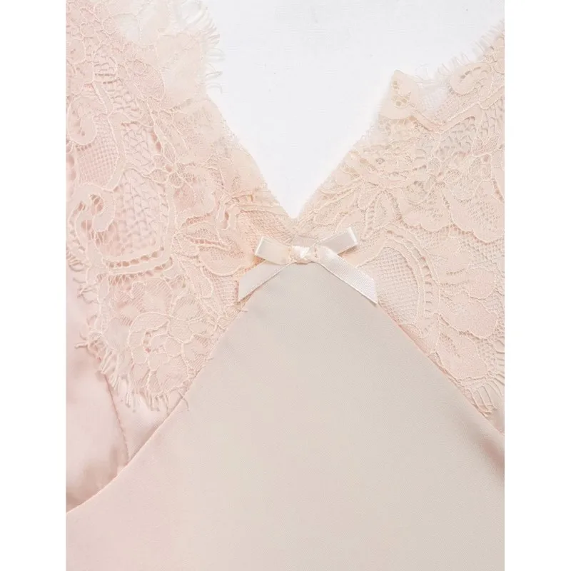 Abito corto in raso di pizzo da donna primavera estate Abito longuette da donna con spalline sottili senza schienale sexy Cerniera laterale Abiti femminili chic eleganti