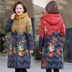 Asian style Woman Jacket Printed Vintage Disc Buckle Cotton Padded Coat Middle-Aged Winter X-long Clothes Hooded Jacket Parkas