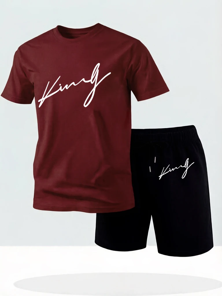 

King'S Word Cursive Script Design Man'S Cotton Soft Trendy Sportswear Beach Running T Shirts Set Drawstring Summer Short Pants