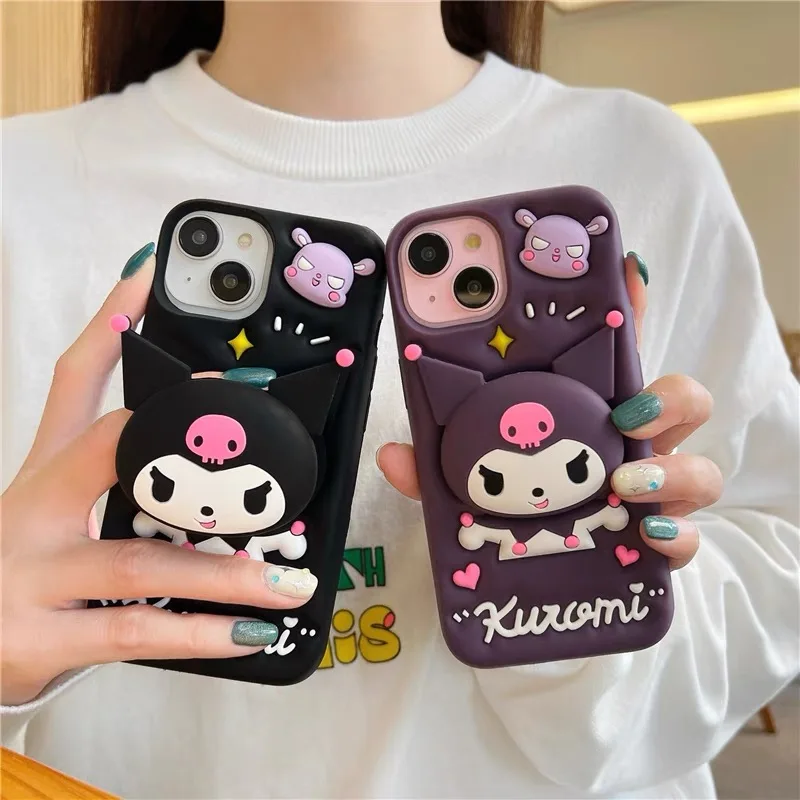 Cartoon Kuromi with Telescopic Stand Stereoscopic Phone Case for IPhone 15 14 13 12 11 Pro Max Soft Silicone Back Cover Gift