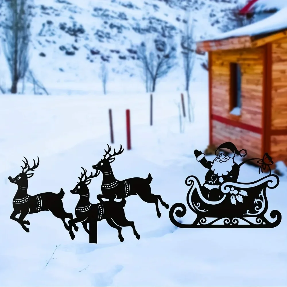 2-teiliges Weihnachts-Metallpfahl-Set für den Außenbereich – anmutiges Rentier und magisches Weihnachtsschlitten-Silhouette, Hofdekoration.