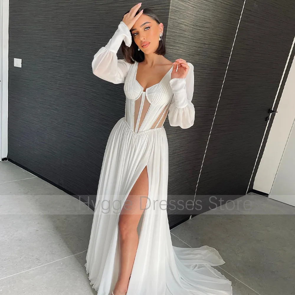 Robe de Mariée Sexy en Mousseline de Soie Ivoire à Manches sulfBouffantes, Col en V, Ligne A, Fente sur les Cuisses, pour Patients d'Été