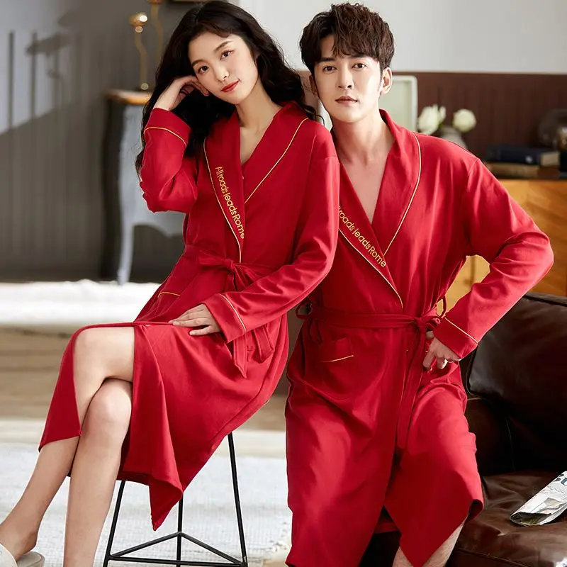 Plus Size Couple Long Sleeve Cotton Kimono Robes for Men Spring Loose Sleepwear Bathrobes Women Bath Robe Homewear Home Clothes