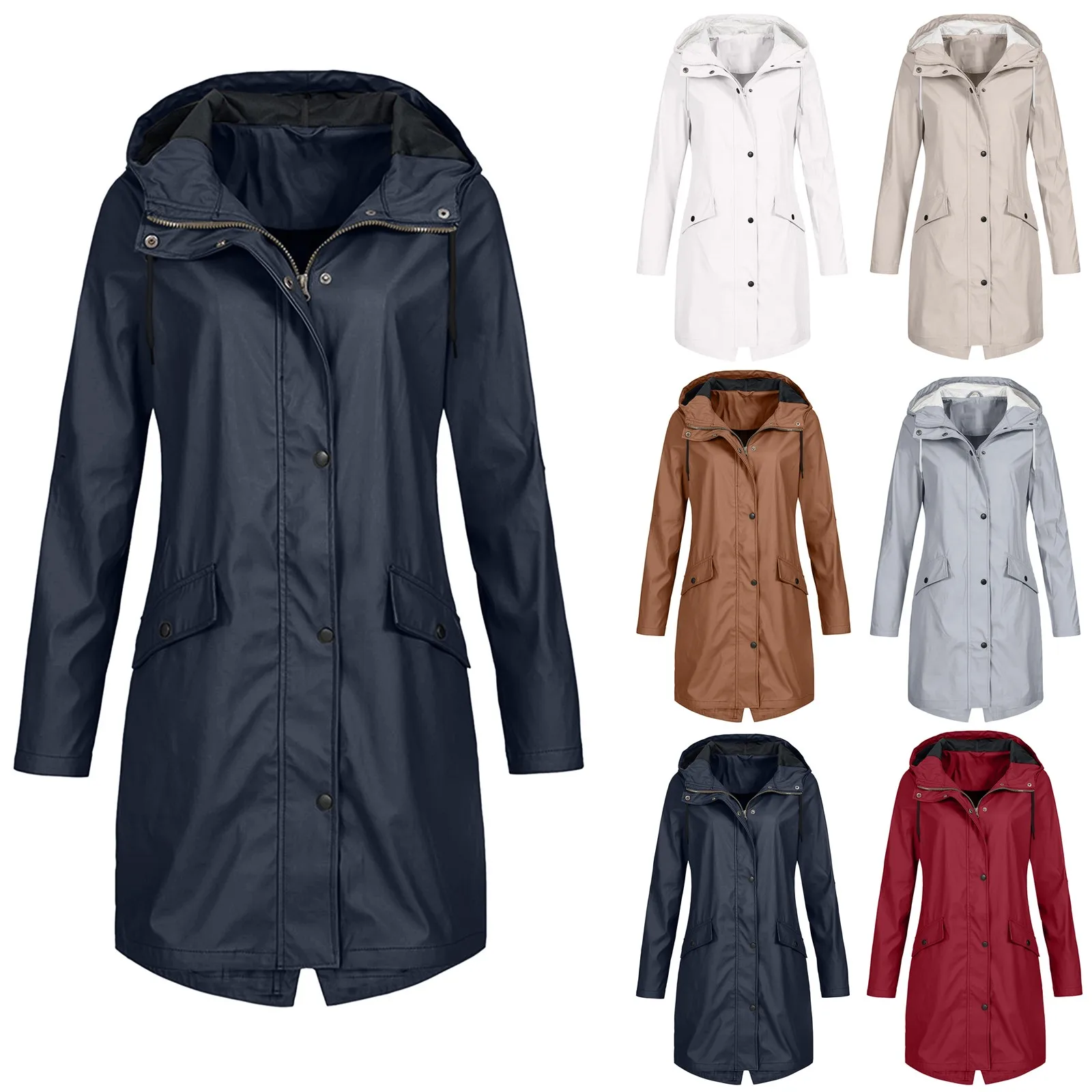 

Женская базовая водонепроницаемая однотонная полосатая куртка с капюшоном от дождя, модная повседневная ветрозащитная верхняя одежда среднего и длинного размера с капюшоном
