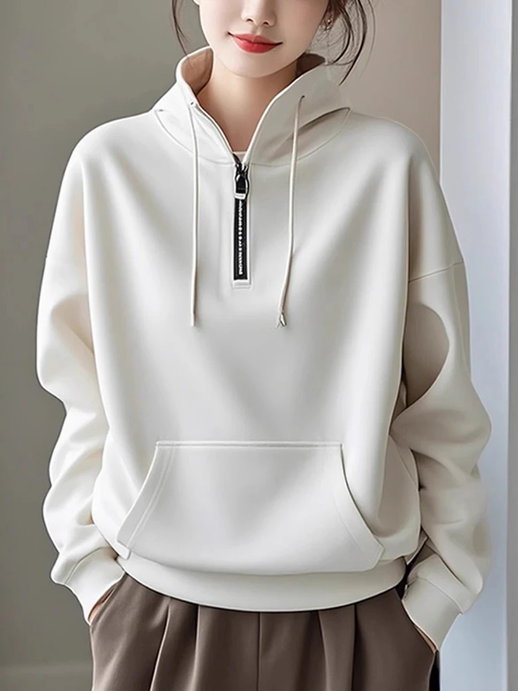 New Women Plus Velvet Sweatshirt Autumn Winter Fashion Zipper Turtleneck Long Sleeve Loose Pullover Casual Basic Sweatshirt