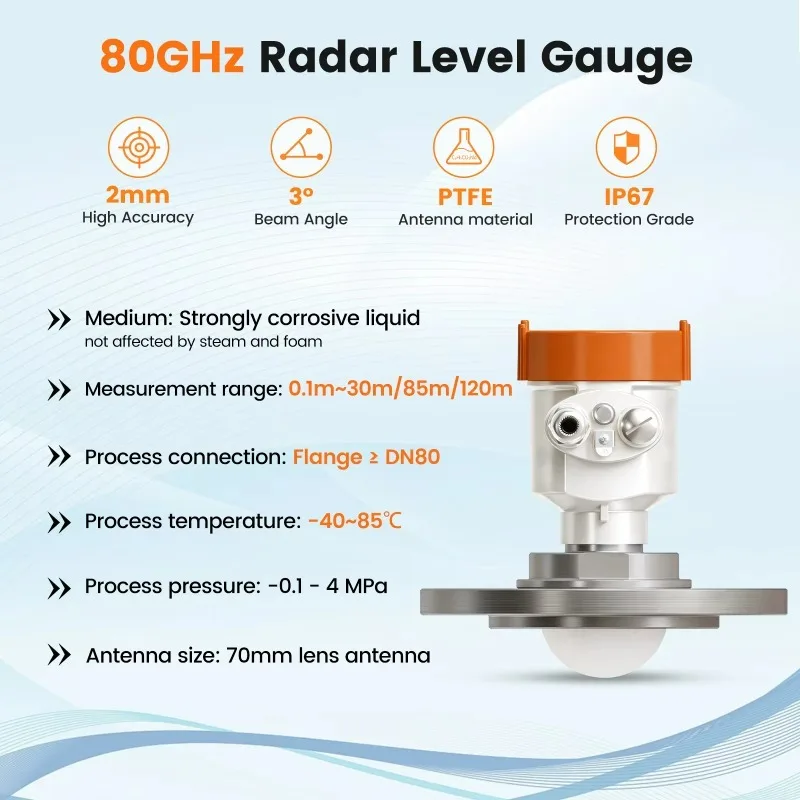 ME803B Custom Stainless Steel High Accuracy Flange Connection 80GHz Radar Level Sensor IP67 Protection 4-20mA/HART/RS485