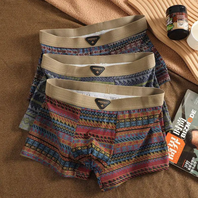Men's Retro Print Cotton Boxer Shorts Comfortable Breathable Four Corner Briefs mid Waist Home Clothes Underwear