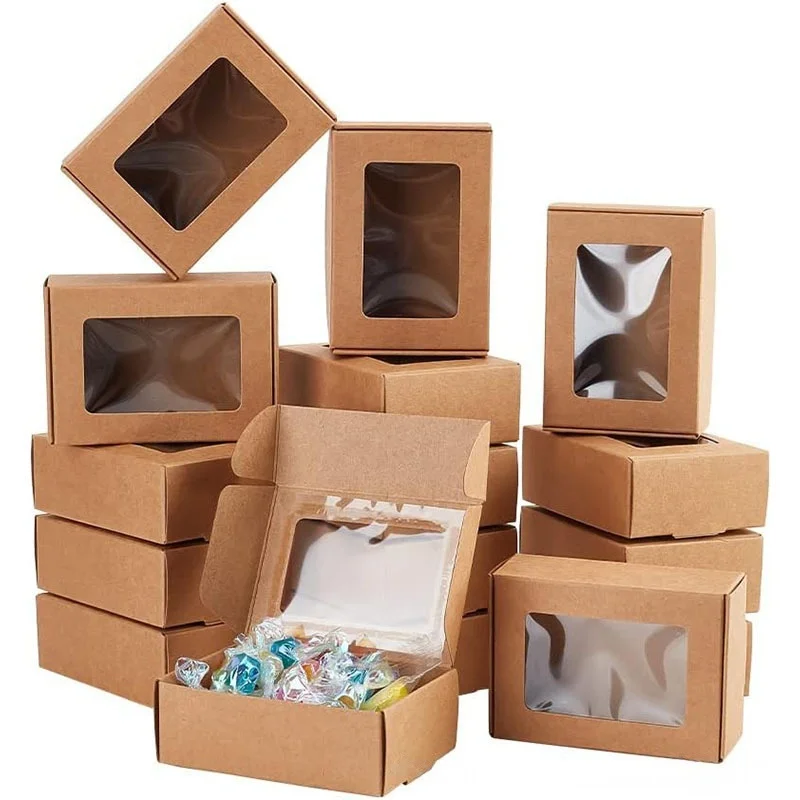 30 caixas de presente kraft com janela transparente, pequenas caixas de lembranças para biscoitos, sabão, cera de doces, derrete, festa de casamento, conjunto de embalagem de exibição