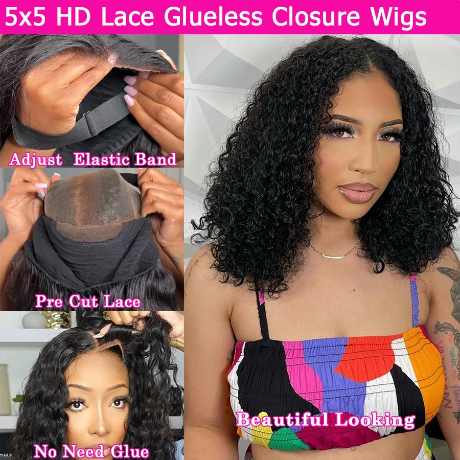 Wear And Go Curly Short Bob Wigs 5x5 HD Lace Closure Wig Human Hair Water Wave Bob Cut Wigs Real HD Lace Glueless Wigs For Women