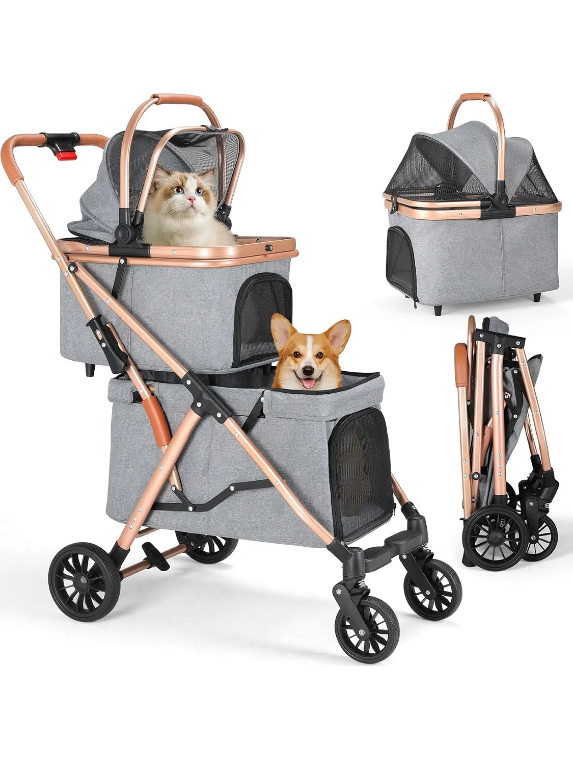 Doppel-Hundebuggy für kleine Hunde, 4 Räder, Jogger-Buggy für mittelgroße Hunde, abnehmbarer Katzenanhänger, Aufbewahrungskorb, Ein-Knopf-Faltmechanismus – Detail 1