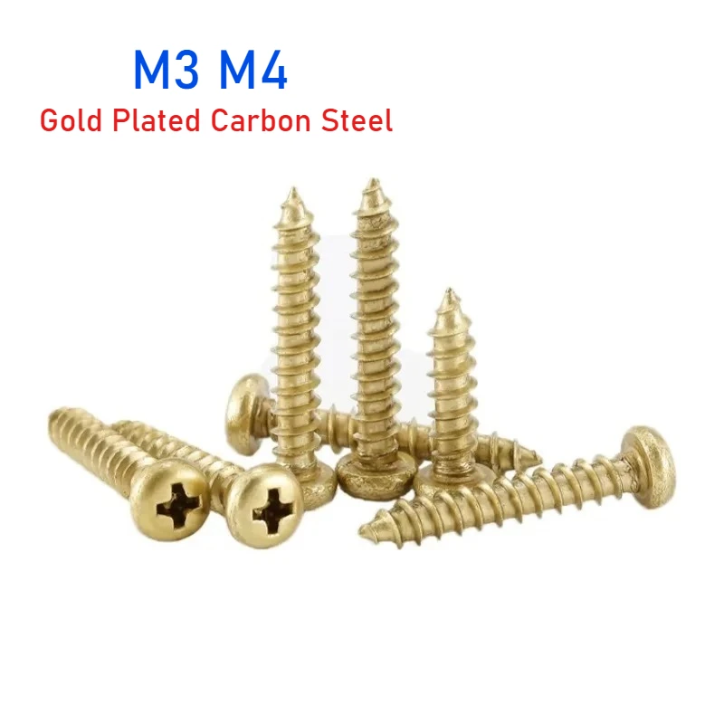 

100/200pcs M3 M4 Gold Plated Carbon Steel Round Head Phillips Self Tapping Screw Wood Screws Length 6mm~30mm