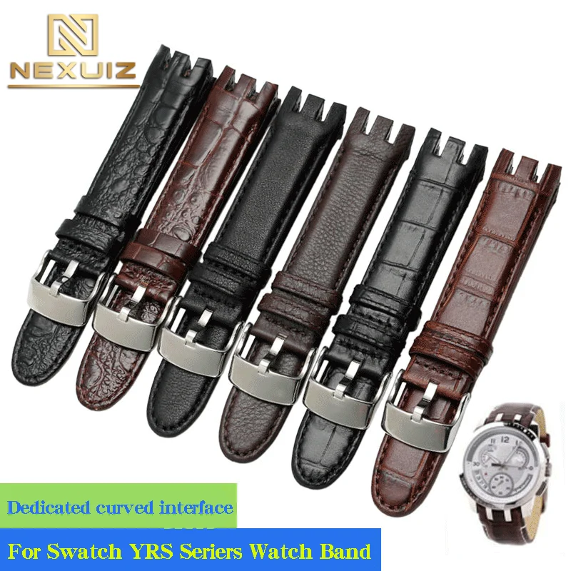 21mm For Swatch Watch Genuine Leather Strap YRS403 401 402G 412 418 406G Cowhide 21mm Bracelet Special Curved Steel Strap Band