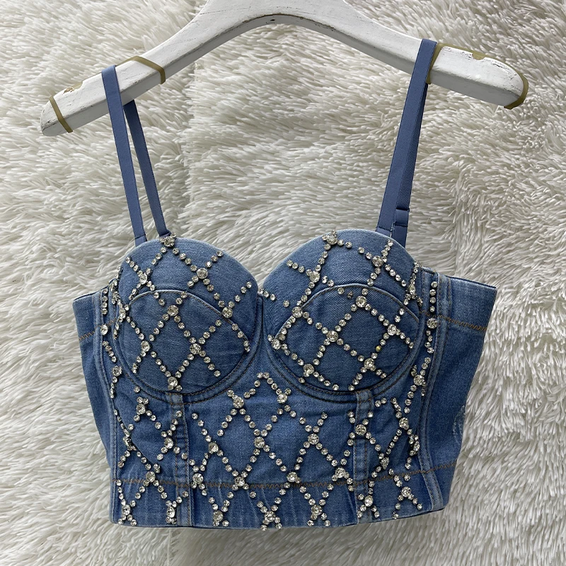 

Модный джинсовый топ-бюстье Yanie синего цвета с бриллиантовыми стразами, облегающий, для танцев, с объемными чашечками, женский, с подкладкой