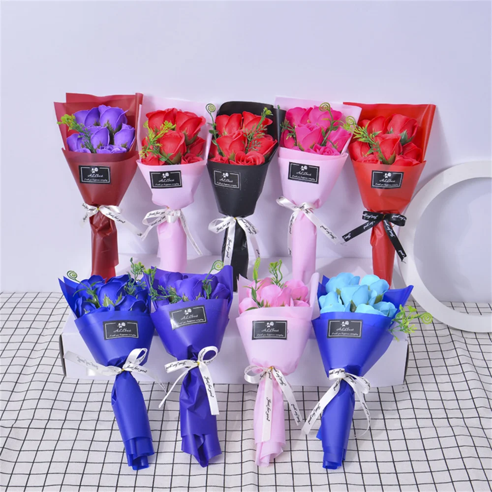 7 Heads Soap Rose Flowers Valentine\'S Day Gift Red Pink Blue Purple Mini Soap Flower Rose Bouquet Wedding Birthday Party Supplie