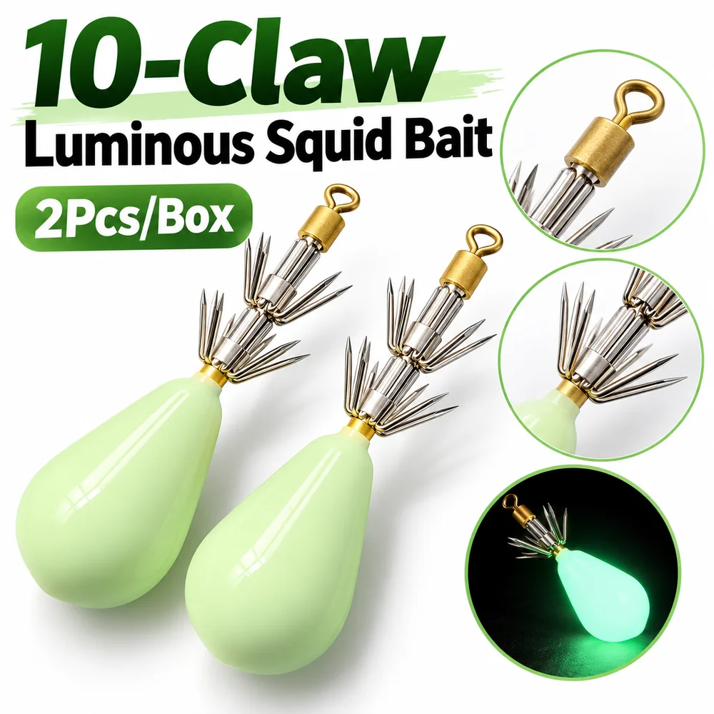 2Pcs 10-Claw Squid Hook Double-Layer Bionic Realistic Luminous Squid Bait Teardrop Shape Lead Weight Teardrop Squid Hook
