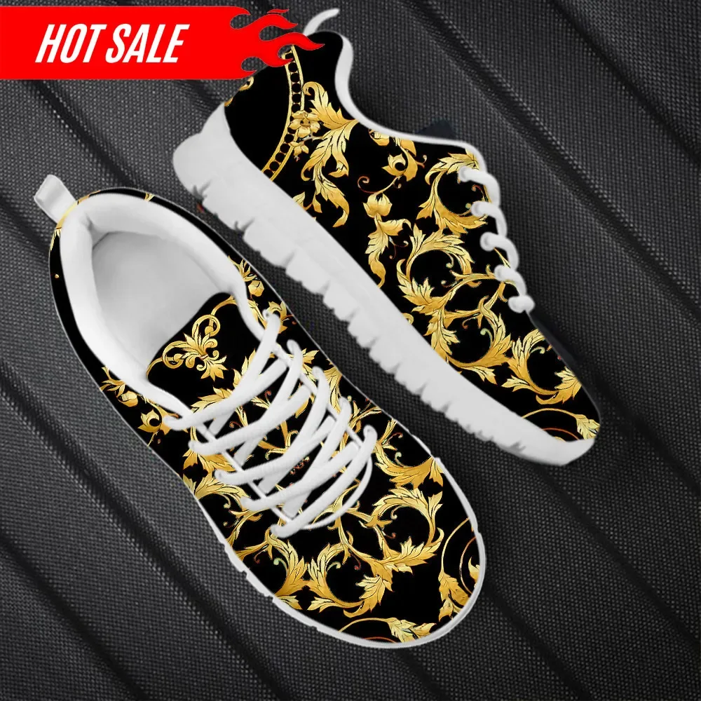 Vintage Golden Baroque Design Mesh Shoes for Women Lightweight Lace up Casual Sneakers Ladies Outdoor Walk Flats