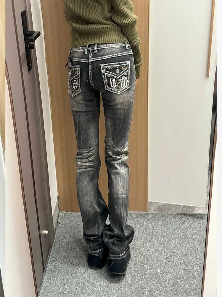 

Women's American Retro Low Rise Jeans Punk Denim Pants Skinny Designer Long Trousers Japanese Abi Y2k Cowboy High Street New