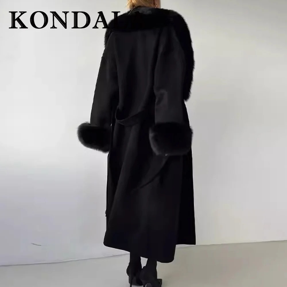 

KONDALA Winter Black Vintage Elegant Women Long Coat Night Party Slim Coat Chic Flurry Collar Sexy Streetwear Luxurious Outwear