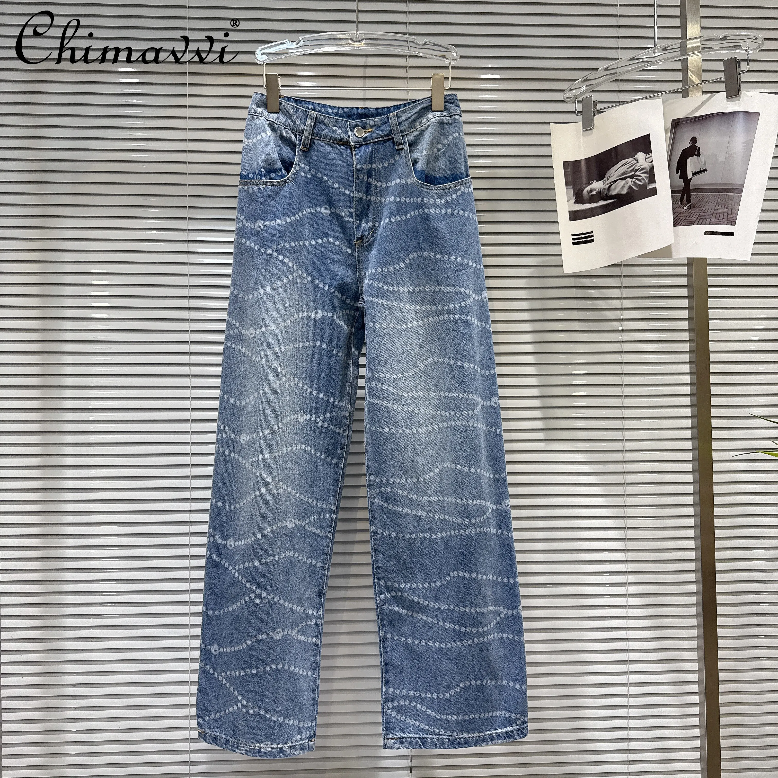 

2026 Spring Korean Style Fashion Retro Pearl Print High Waist Jeans Pants Elegant Casual Versatile Straight Denim Trousers Women