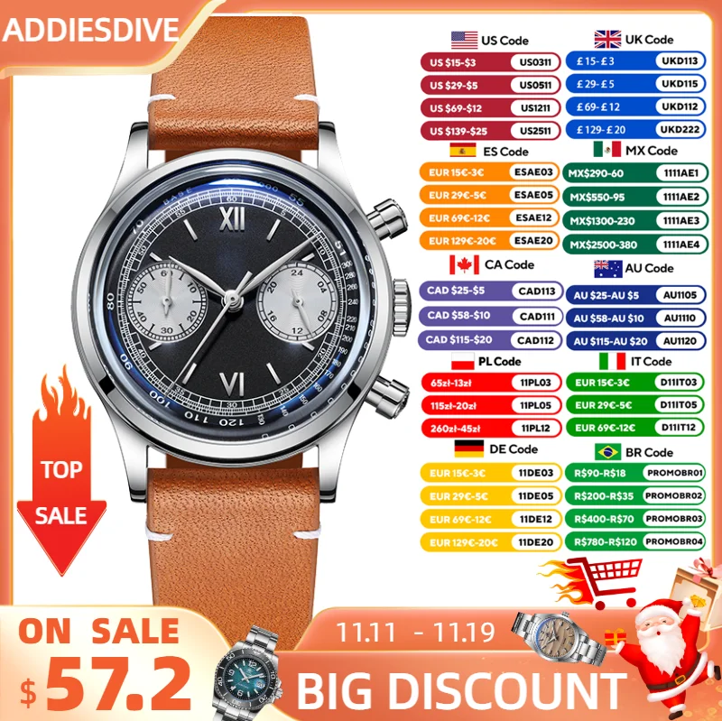 ADDIESDIVE 2024 orologi da uomo orologio al quarzo da uomo Sport impermeabile 10 Bar cronografo AR Glass VK64 orologio da polso in pelle retrò nuovo