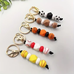 LOFCA Basketball Football Silicone Beaded Keychain Handmade Wood Beads Keychain Charm Backpack Pendant Accessories Keyring