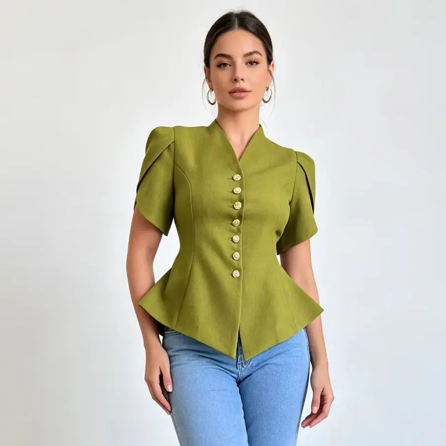 

LIMO Peplum Blazer Top with V-Neck, Puff Sleeves and Decorative Buttons