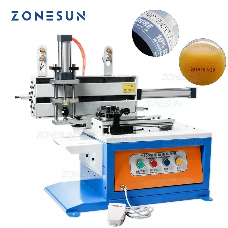 ZONESUN Pneumatische Inkt Cup Pad Drukmachine Automatische Datum Codering Machine Cosmetische Plastic Caps Blikjes Fles Glazen Pad Printer