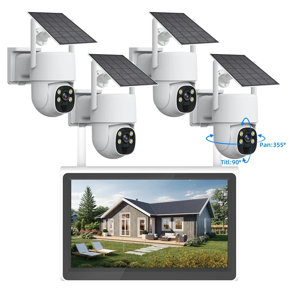 10.1 Inch 4CH EseeCloud Solar Wireless NVR Kit 4MP CCTV Surveillance Security Camera System Solar WIFI Camera NVR Kit