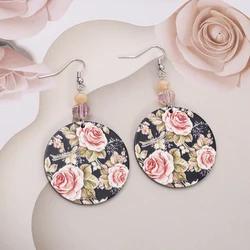 Round Relievo Printing Peony Flower Acrylic Earrings For Women Vintage Style Trend Products Elegant Aesthetic Girls Jewelry