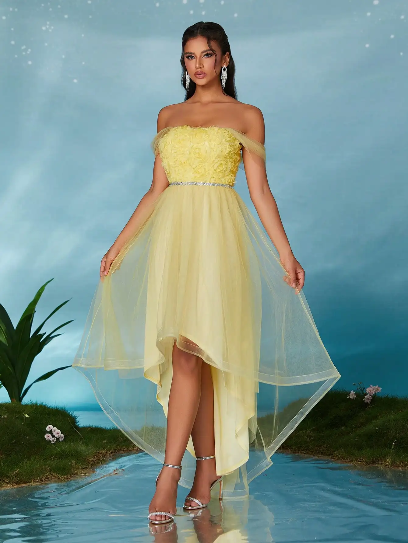 MGIACY Vestido grande de gaze de camada dupla bordado tridimensional com decote em I