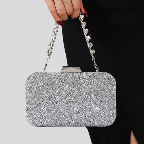 Imagen 2 del producto Bolso de mano elegante de lujo con lentejuelas, bolso de noche con hebilla de Metal y diamantes brillantes a la moda, bolso de mano para boda, bolso de hombro con cadena