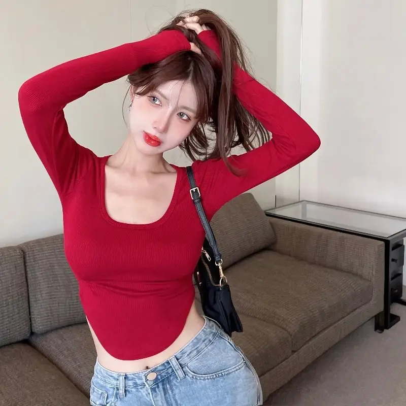

Irregular Long Sleeved T-Shirt, Pure Desire, Short Style, Round Neck, Sexy, Tight Fitting, Slimming Effect, Inner Layer Top
